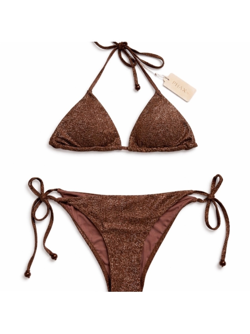 NWT PHAX Glitter String Bikini Set Brown Shimmer Triangle Tie Side Swim